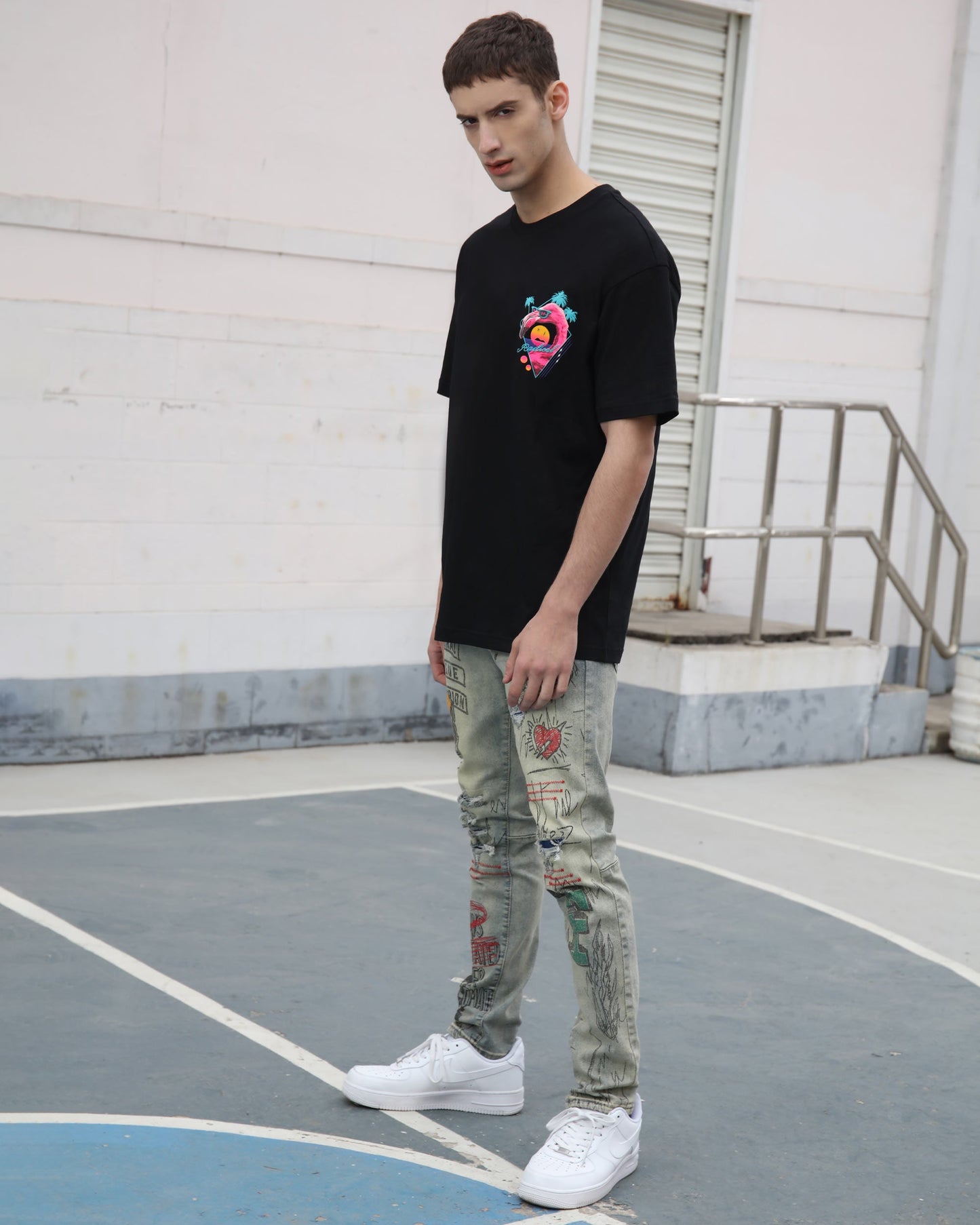 Detailing Graffiti Ripped Blue Washed Jeans - HCWP 