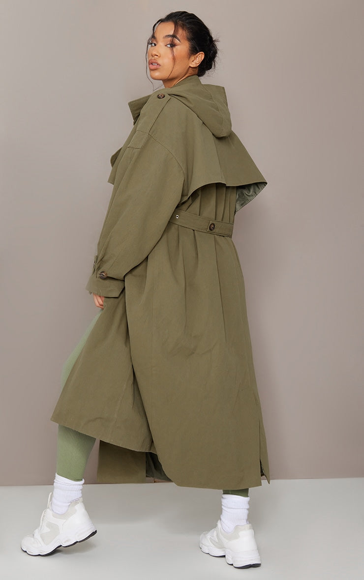 Khaki Woven Hooded Oversized Trench Coat