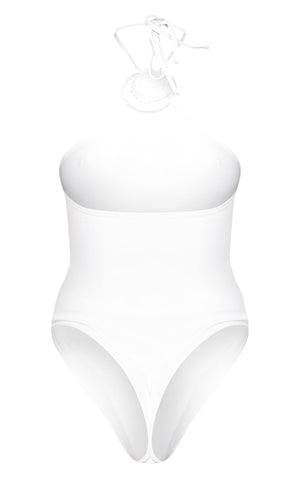 White Flower Trim Halter Neck Swimsuit