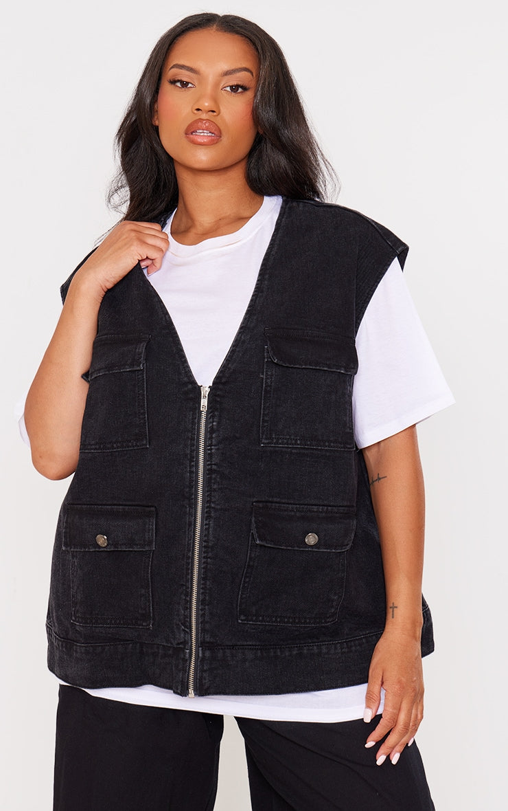 Plus Washed Black Zip Up Denim Cargo Gilet