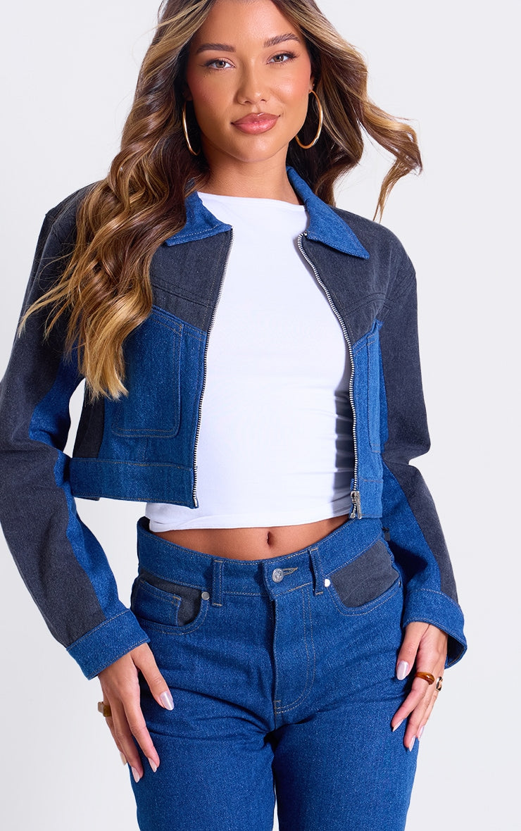 Dark Blue And Black Contrast Panel Cropped Denim Jacket