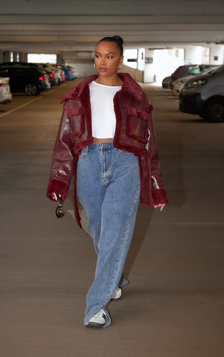 Plus Cherry Red Vinyl Faux Fur Trim Tie Waist Cropped Coat