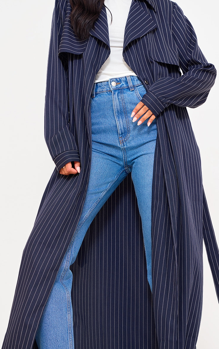 Tall Navy Pinstripe Tie Belt Maxi Trench Coat