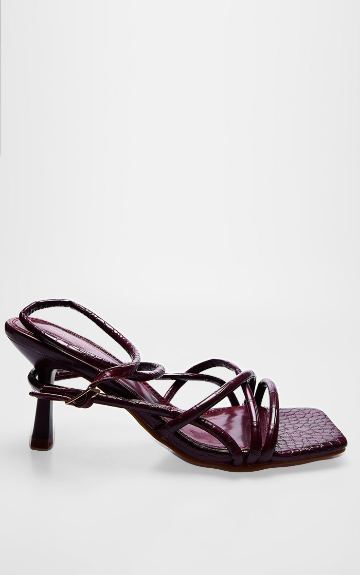 Burgundy Croc PU Square Toe Tube Strappy Mid Stiletto Heeled Sandals