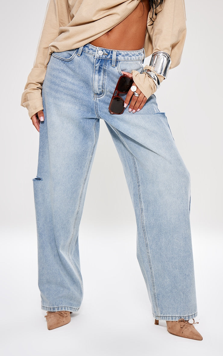 Ice Blue Split Cut Out Denim Boyfriend Jeans - HCWP 