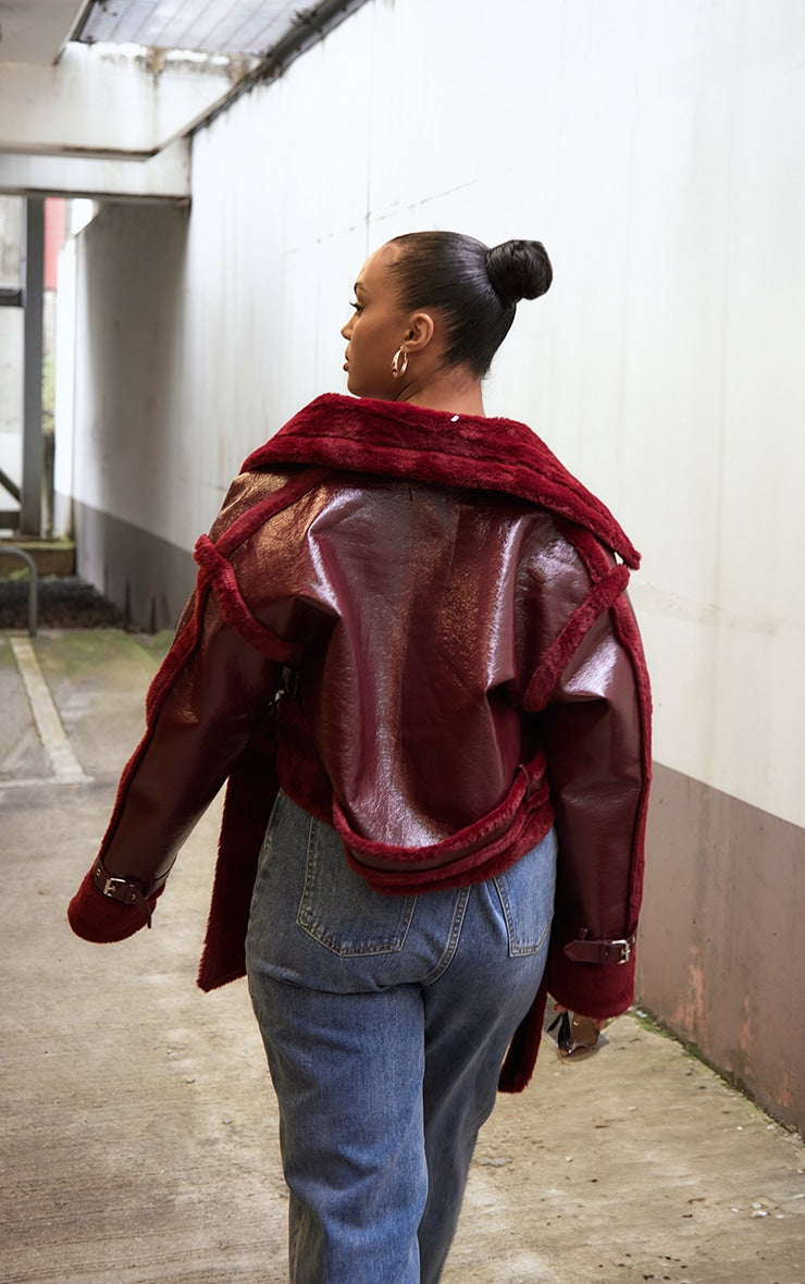 Plus Cherry Red Vinyl Faux Fur Trim Tie Waist Cropped Coat