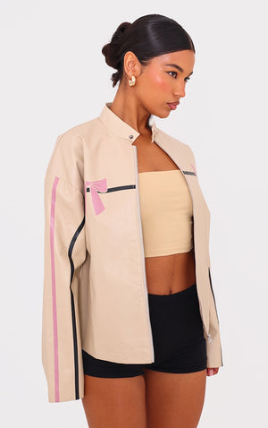 Cream Faux Leather Bow Print Detail Jacket