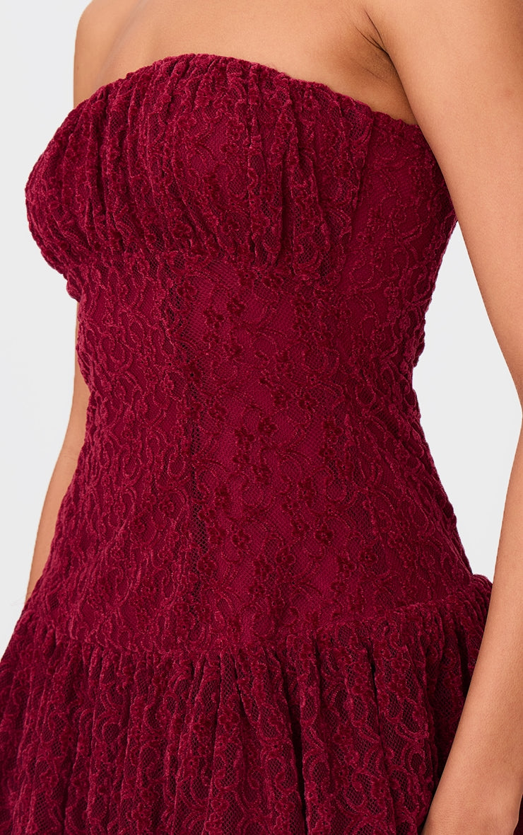 Cherry Red Lace Bandeau Ruched Mini Dress