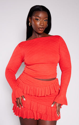 Plus Red Bubble Knit Open Back Long Sleeve Top