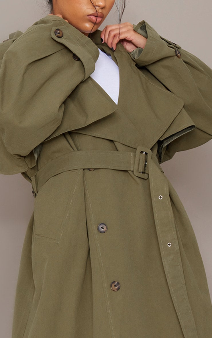 Khaki Woven Hooded Oversized Trench Coat