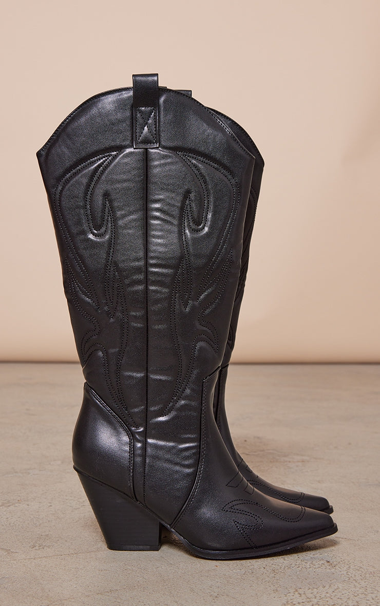 Black Pu Detail Point Toe Knee High Western Boots