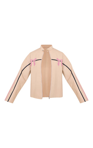 Cream Faux Leather Bow Print Detail Jacket