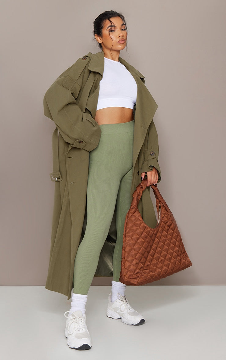 Khaki Woven Hooded Oversized Trench Coat