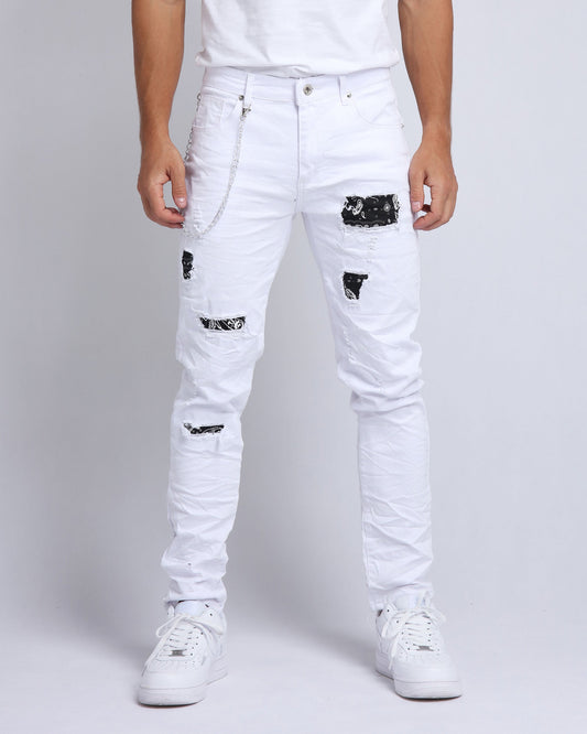 Graffiti Patch Slim Fit Ripped White Jeans - HCWP 