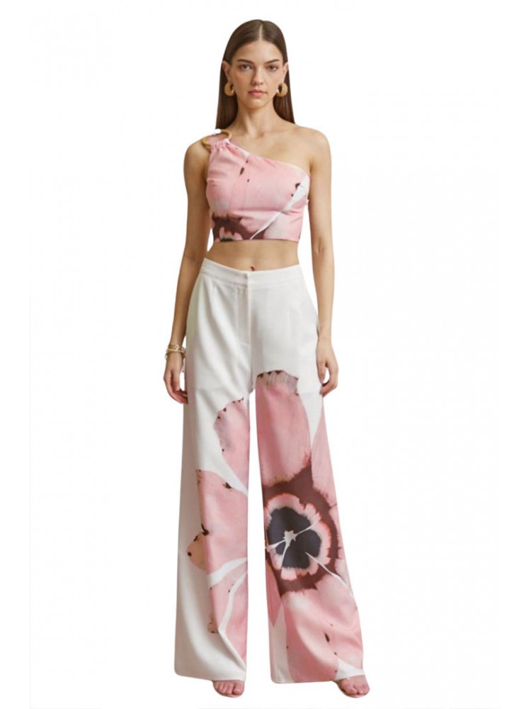 Flower One-shoulder Cropped Wide Leg Pant Sets