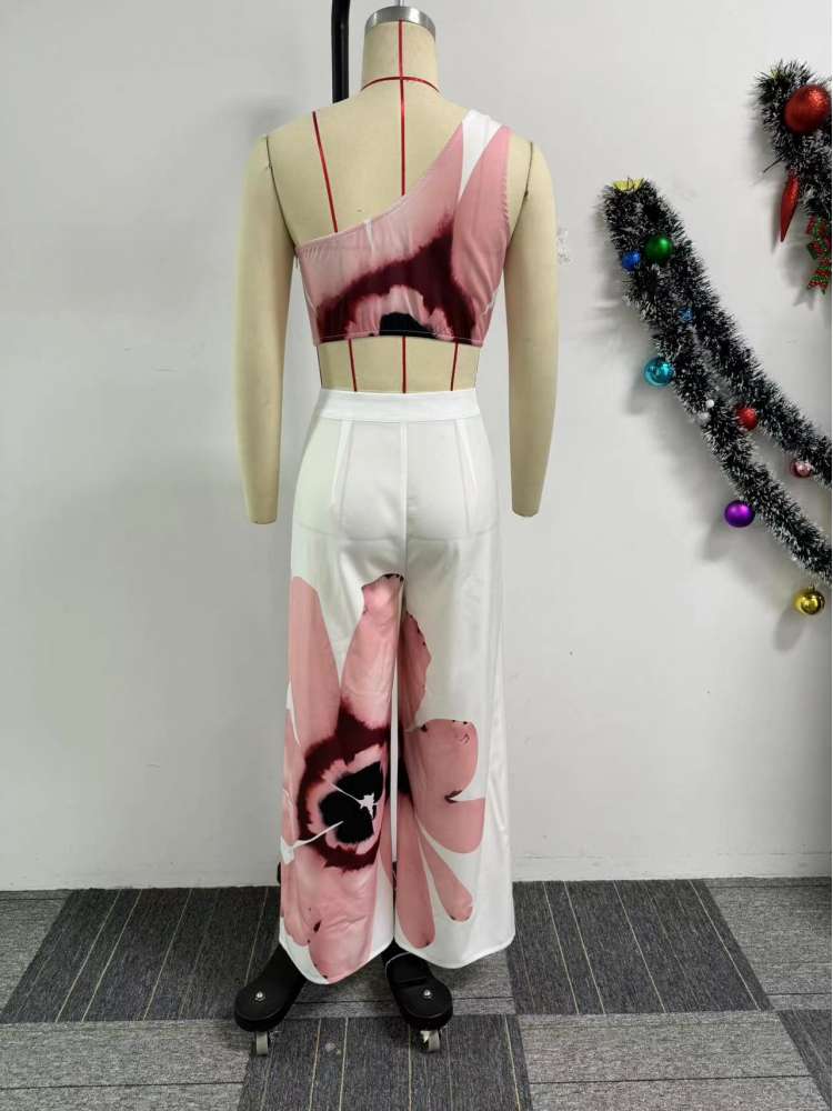 Flower One-shoulder Cropped Wide Leg Pant Sets