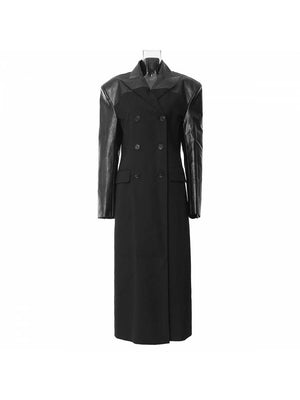 PU Patchwork Double-breasted Lapel Long Trench Coat