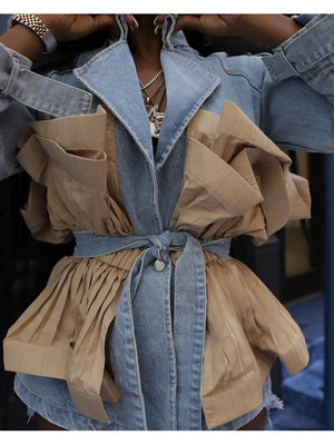 Denim Patchwork Ruffle Bandage Short Coats