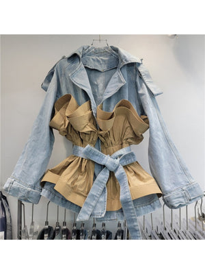 Denim Patchwork Ruffle Bandage Short Coats