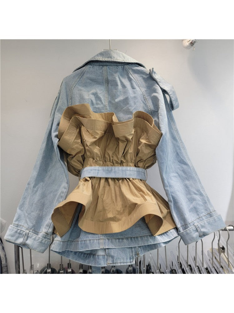 Denim Patchwork Ruffle Bandage Short Coats