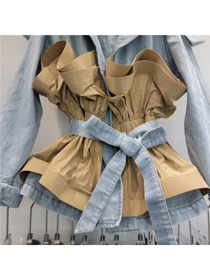 Denim Patchwork Ruffle Bandage Short Coats