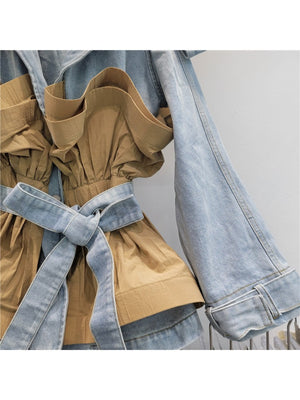 Denim Patchwork Ruffle Bandage Short Coats