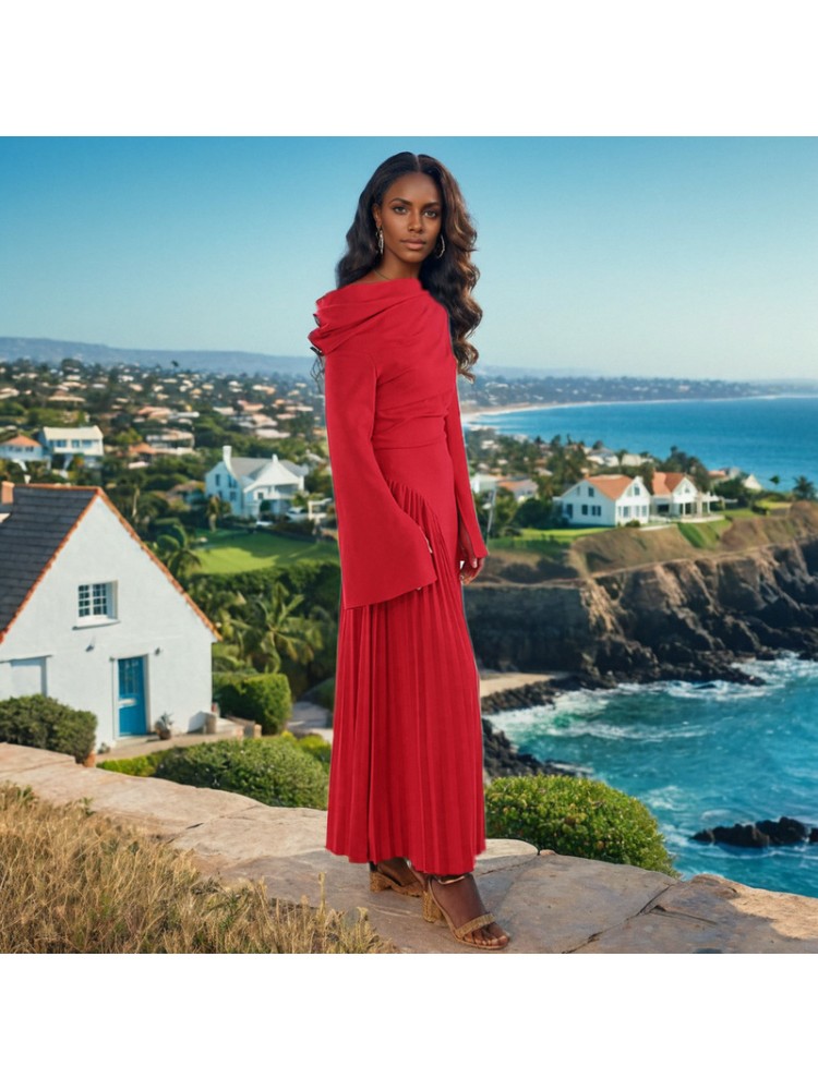 Pleated Trumpet Sleeve Red Maxi Dress