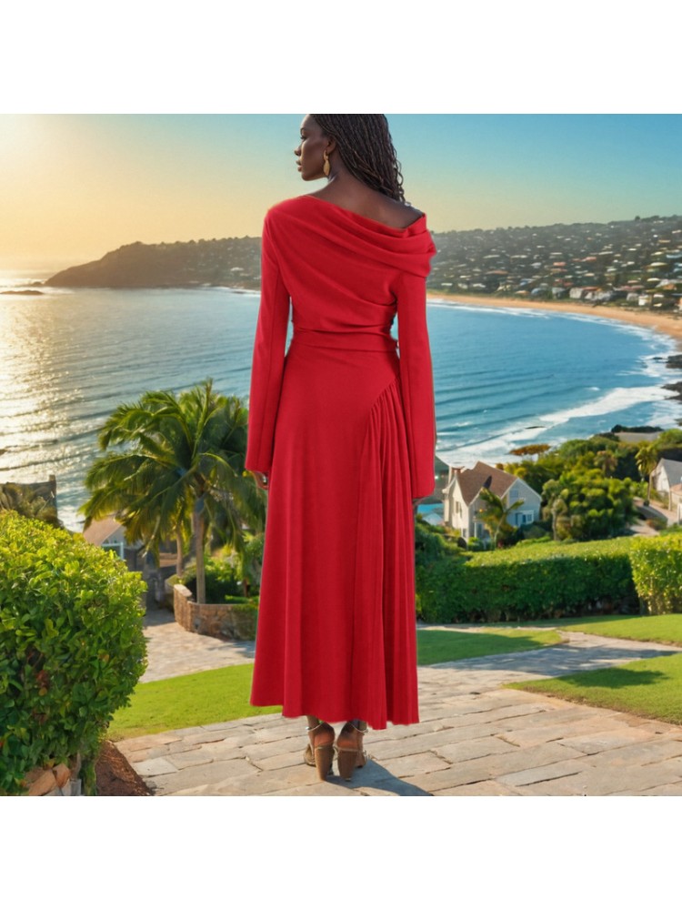 Pleated Trumpet Sleeve Red Maxi Dress