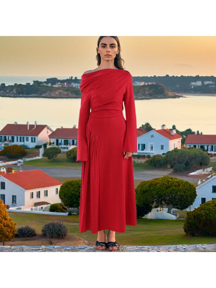 Pleated Trumpet Sleeve Red Maxi Dress