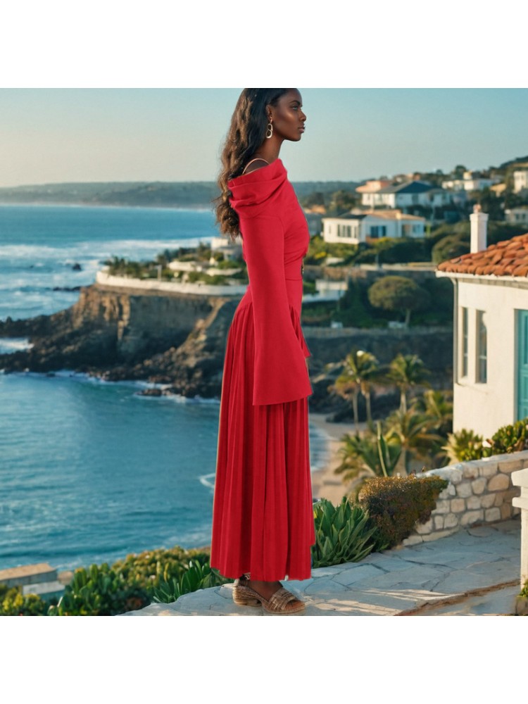 Pleated Trumpet Sleeve Red Maxi Dress