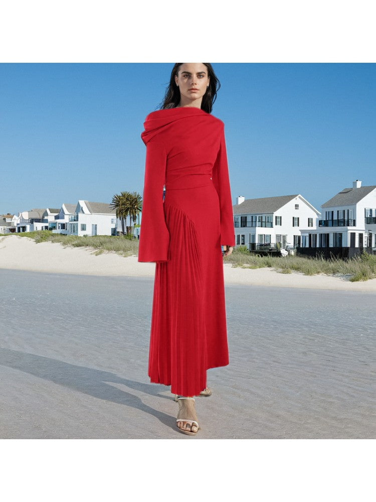 Pleated Trumpet Sleeve Red Maxi Dress