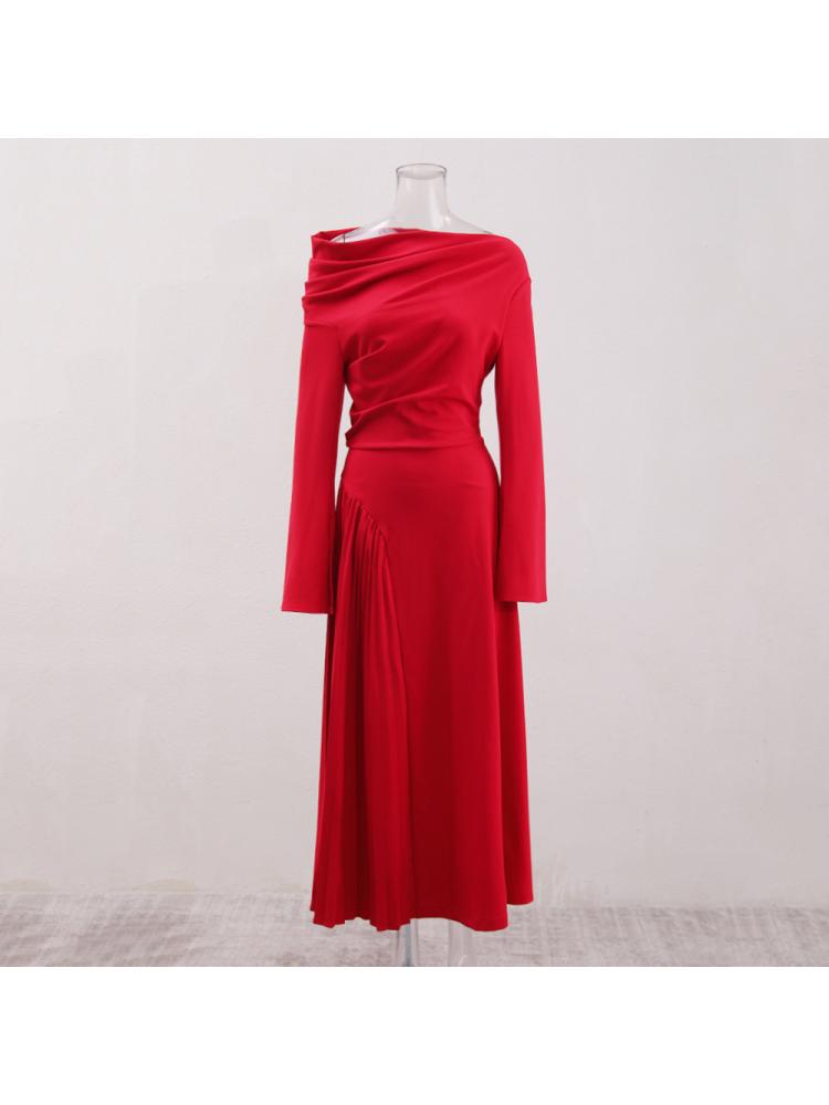 Pleated Trumpet Sleeve Red Maxi Dress