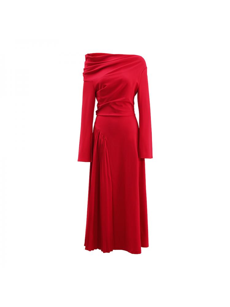 Pleated Trumpet Sleeve Red Maxi Dress