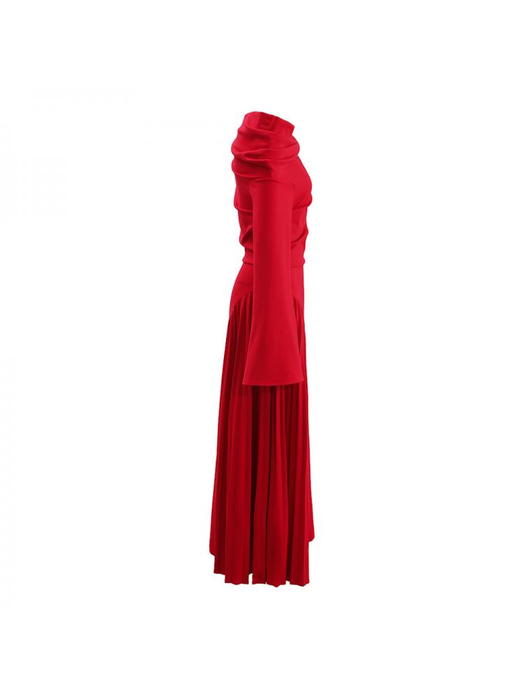 Pleated Trumpet Sleeve Red Maxi Dress