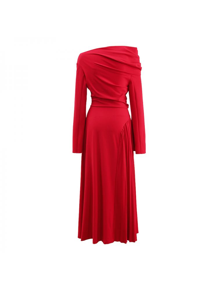 Pleated Trumpet Sleeve Red Maxi Dress