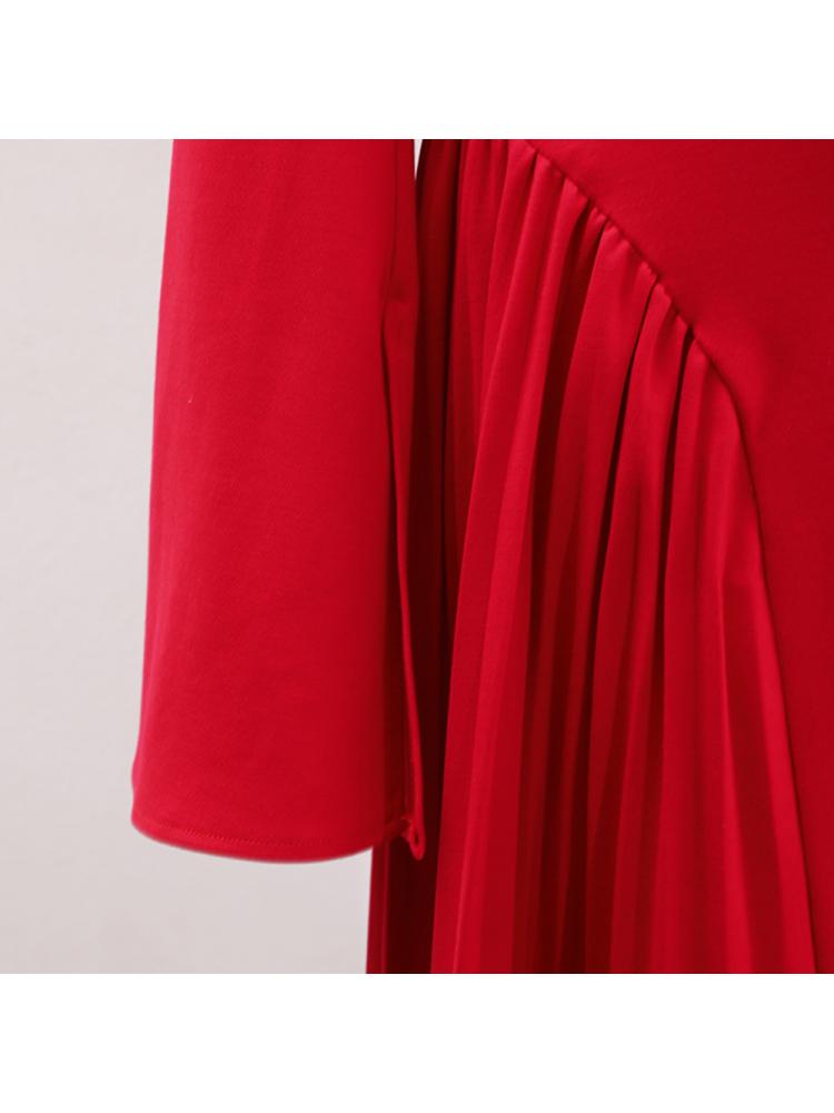 Pleated Trumpet Sleeve Red Maxi Dress