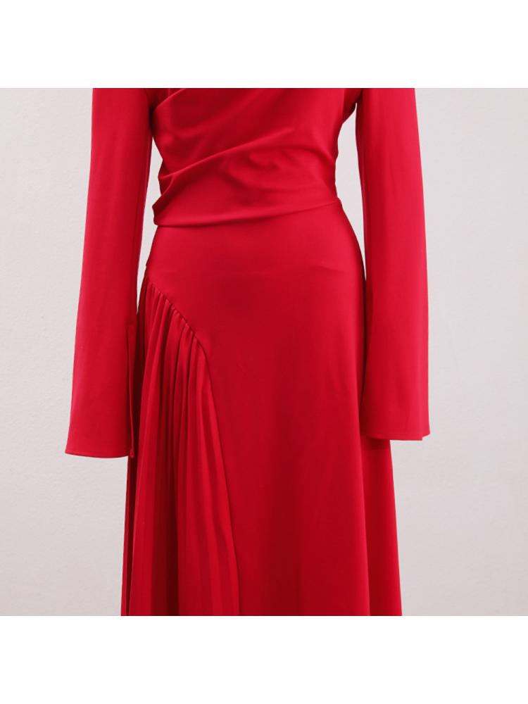 Pleated Trumpet Sleeve Red Maxi Dress