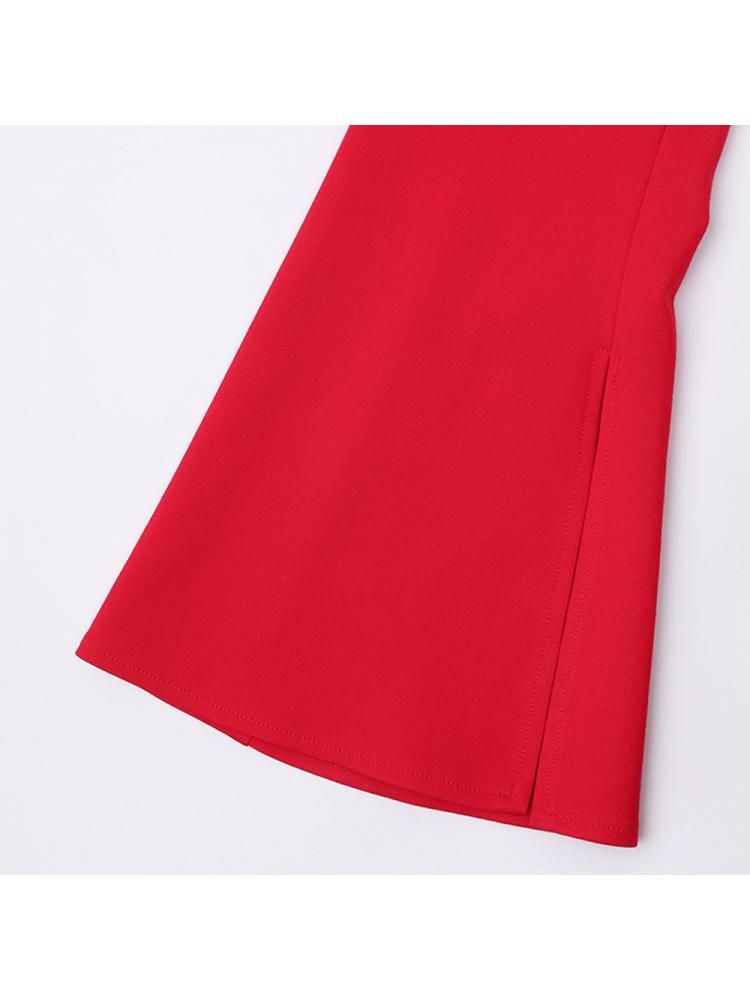 Pleated Trumpet Sleeve Red Maxi Dress