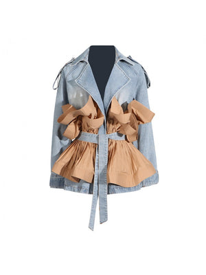 Colorblock Ruffle Long Sleeve Denim Jackets