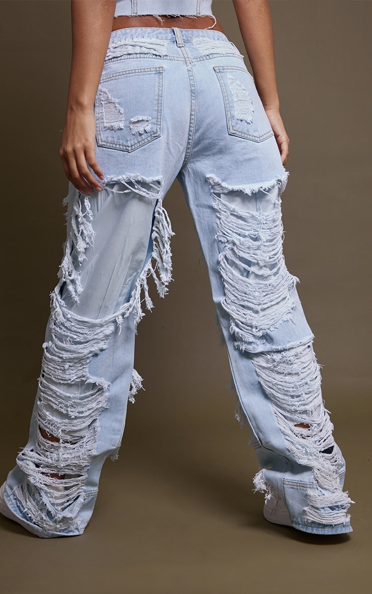 Light Blue Wash Extreme Distress Wide Leg Jeans