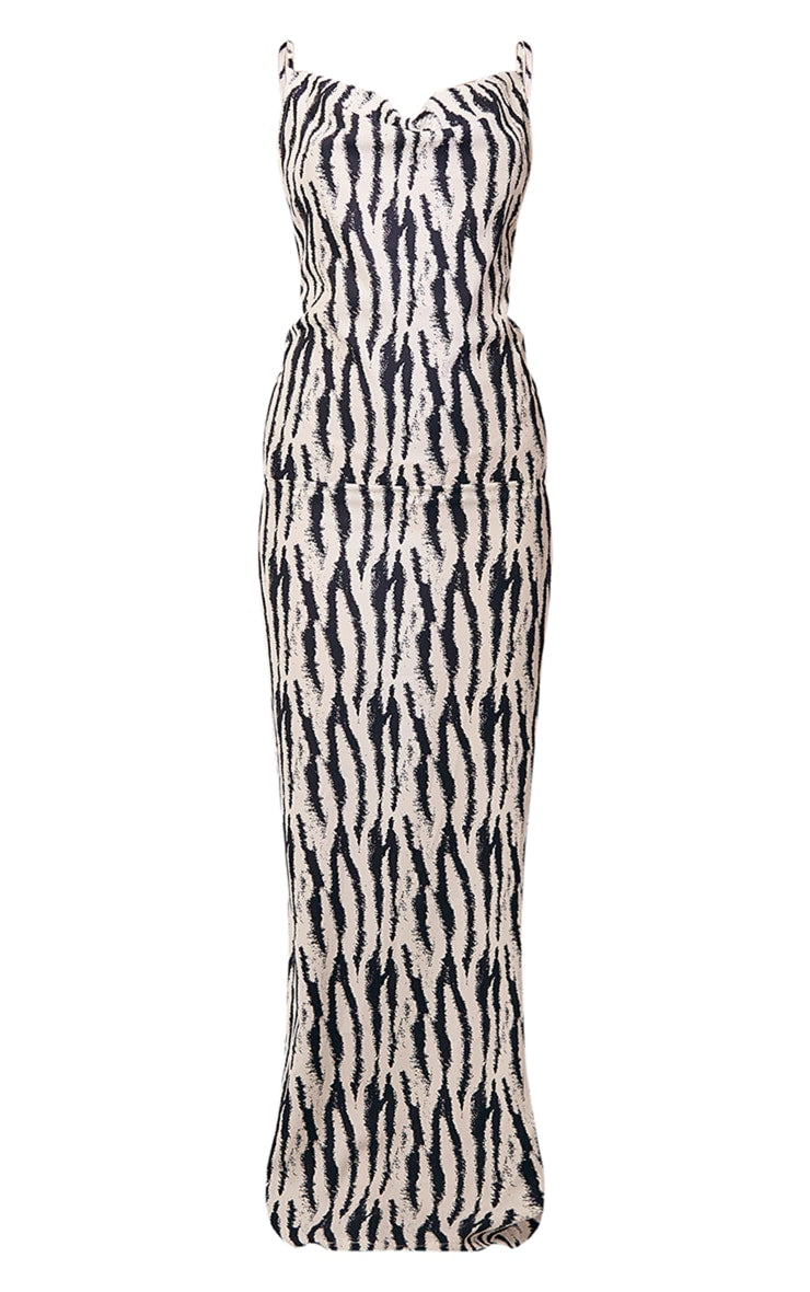 White Zebra Print Satin Cowl Neck Maxi Dress - HCWP 