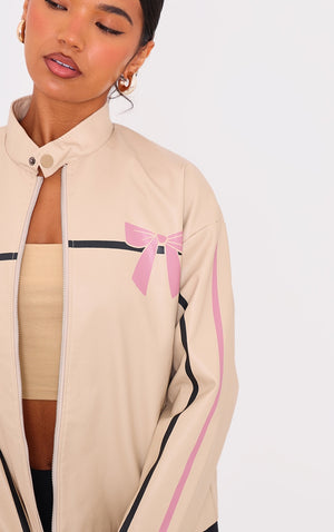 Cream Faux Leather Bow Print Detail Jacket