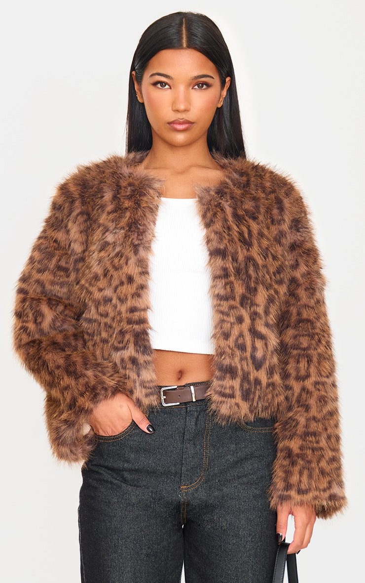 Brown Collarless Leopard Print Faux Fur Coat