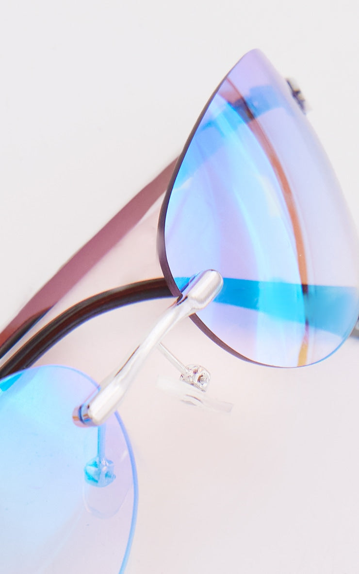 Blue Iridescent Frameless Bug Eye Round Sunglasses