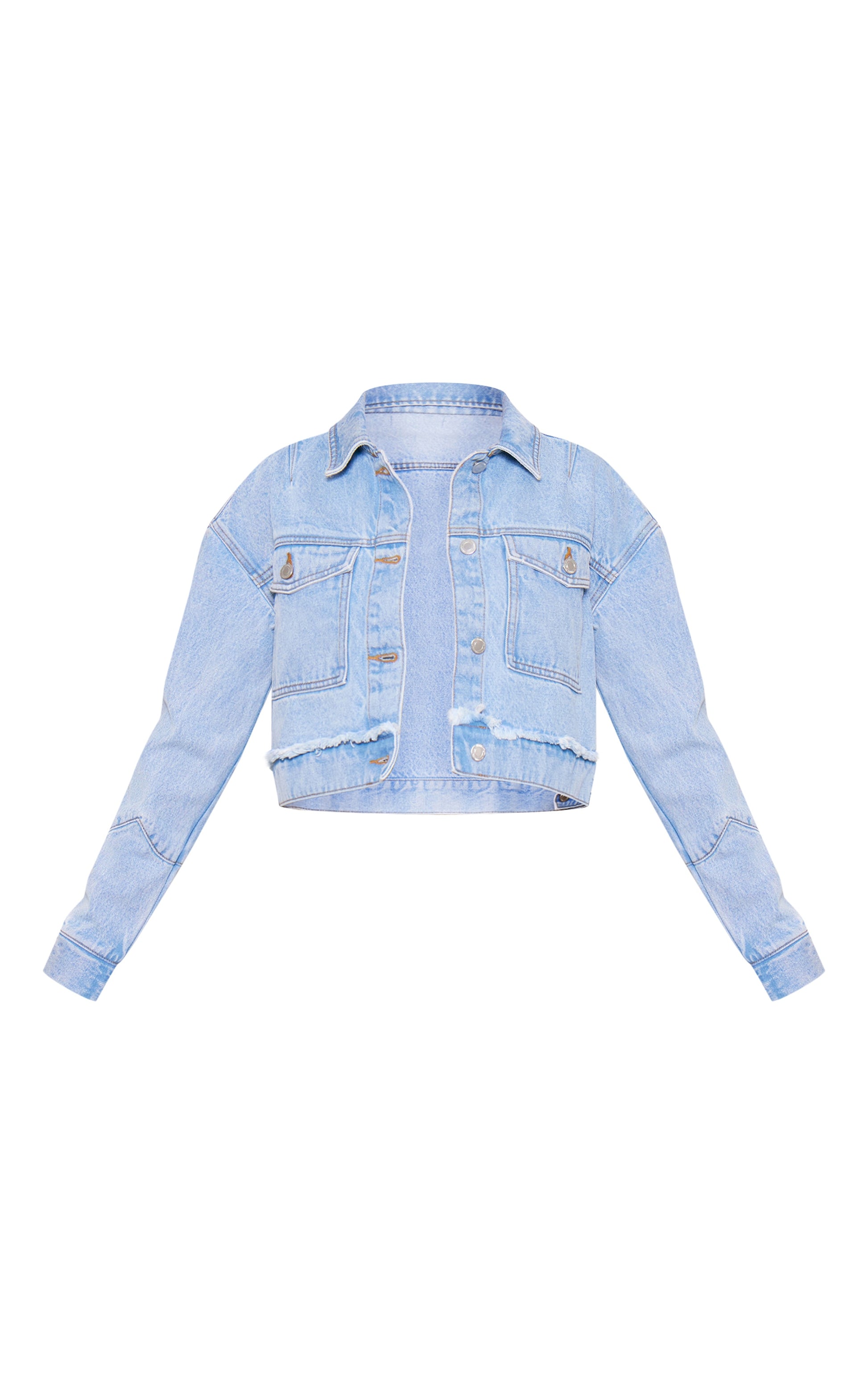 Light Blue Wash Distressed Flower Detail Denim Jacket