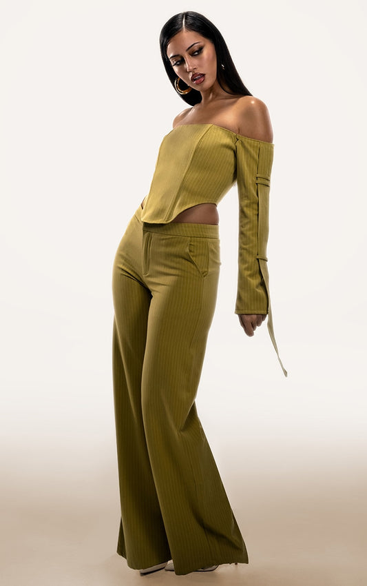 PLT Label Chartreuse Pinstripe Wide Leg Trousers