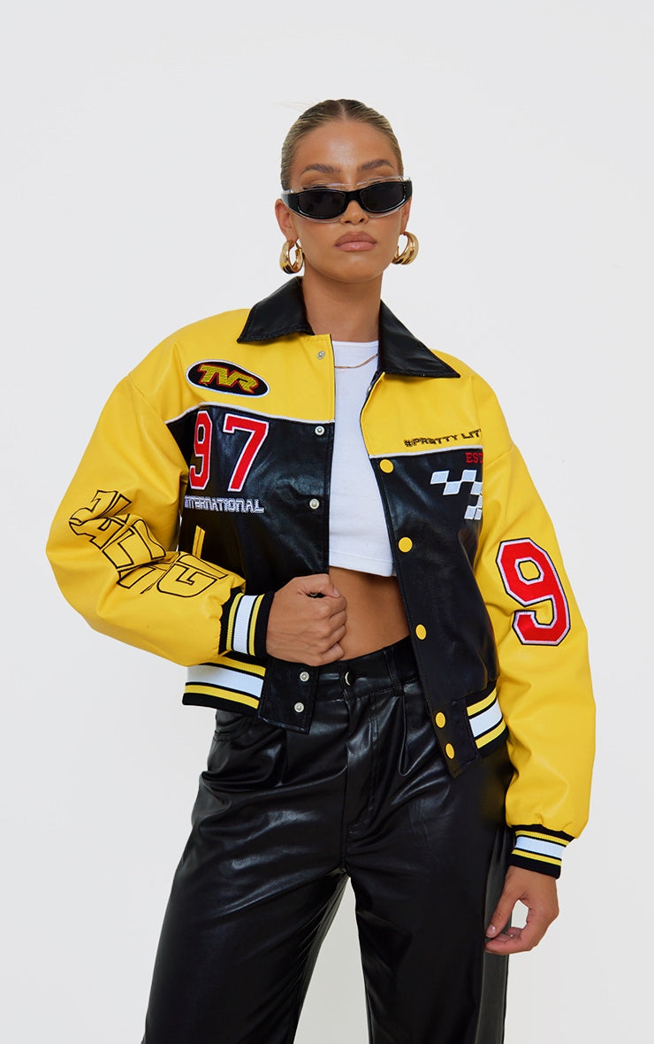 PRETTYLITTLETHING Yellow Faux Leather Motocross Racer Bomber Jacket