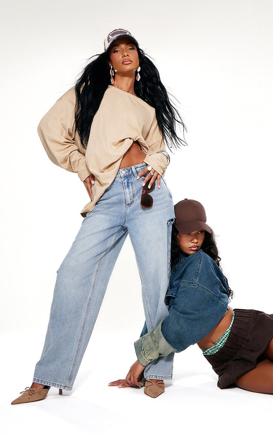 Ice Blue Split Cut Out Denim Boyfriend Jeans - HCWP 