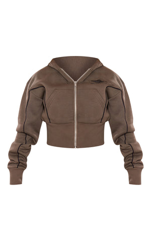 PRETTYLITTLETHING Khaki Cropped Contrast Stitch Zip Through Hoodie