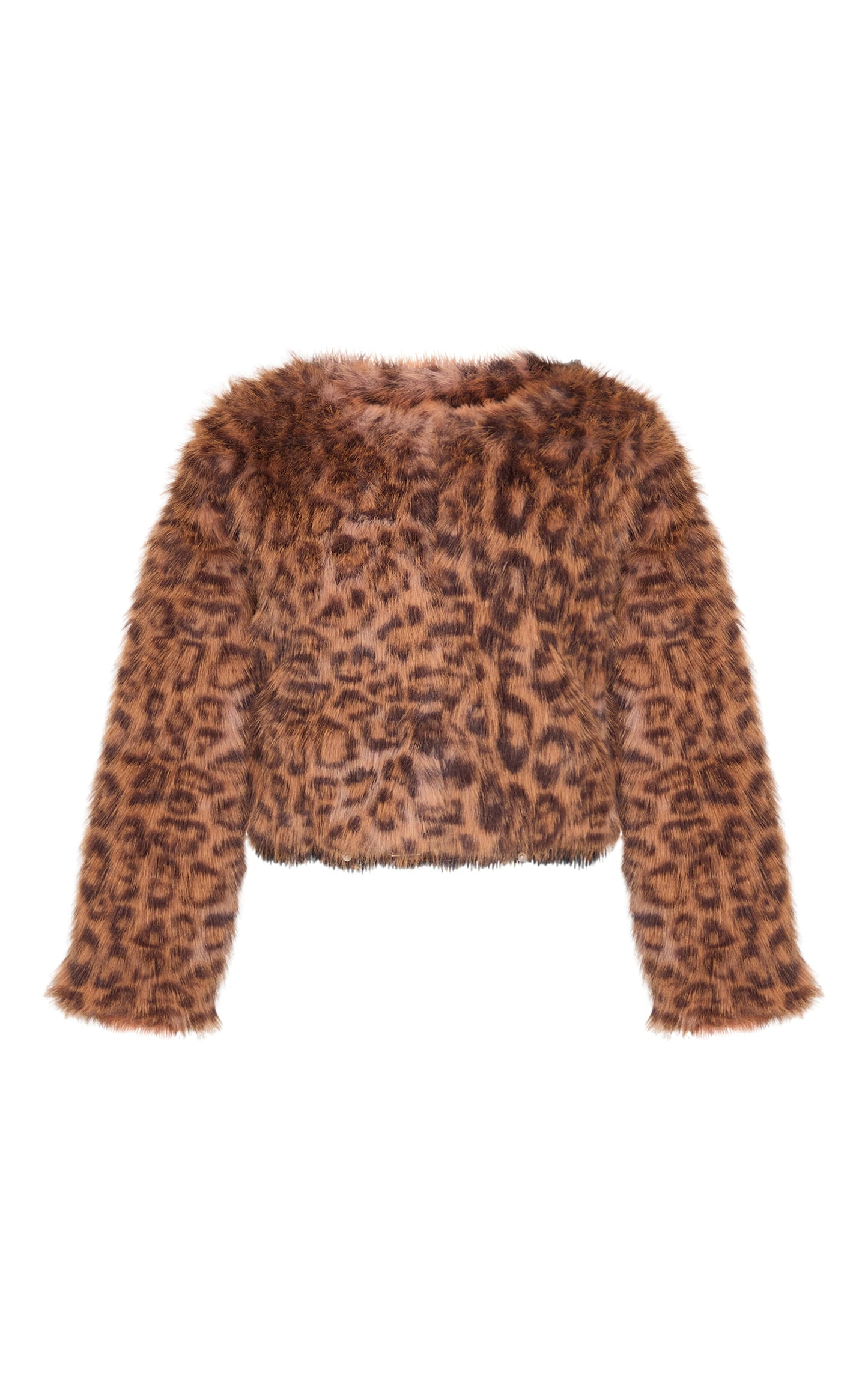 Brown Collarless Leopard Print Faux Fur Coat